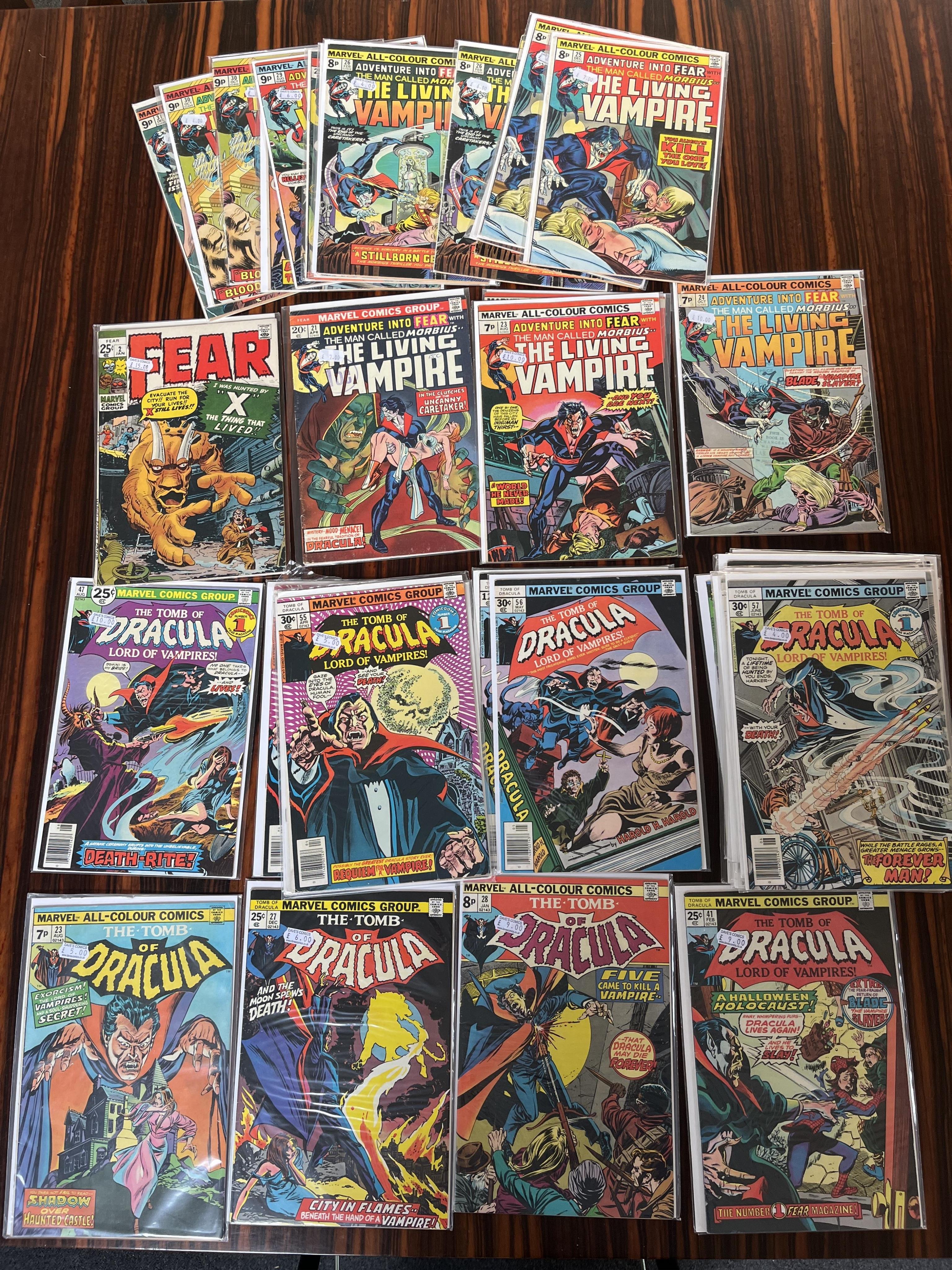 Marvel comics, Strange Tales, Vol. 1, 18 issues between #131–187, Daredevil, Vol. 1, 10 issues between #25–66 (includes major key issue 57A), The Tomb of Dracula, Vol. 1, 19 issues between #23–67, Fear, 18 issues between